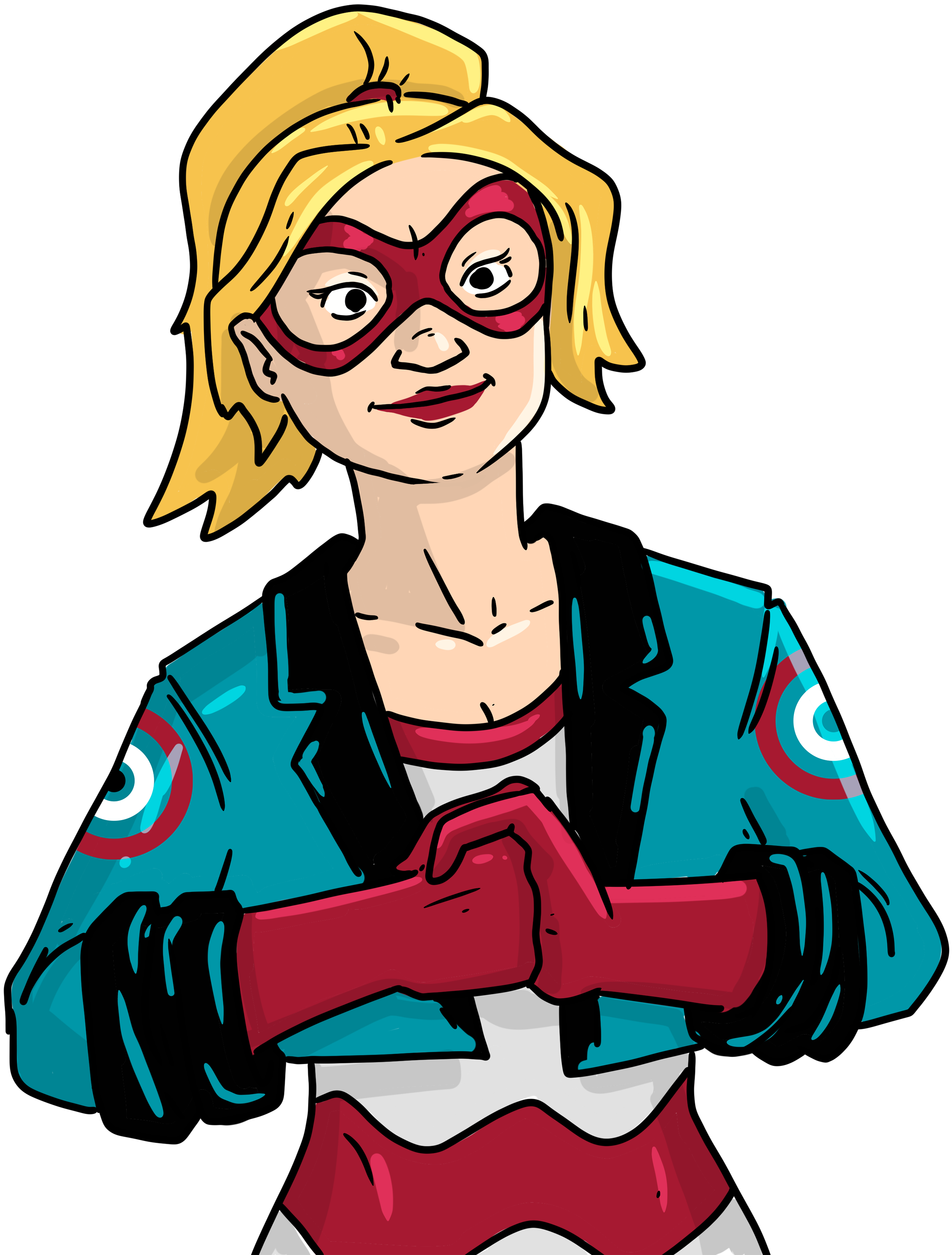 A comic-style illustration of a blonde superhero wearing a red mask, teal jacket with circular emblems on the shoulders, and red gloves, standing confidently with hands clasped. The strong, focused pose represents SCORR Marketing helping life science marketing brands rise above the sea of sameness and avoid looking generic.