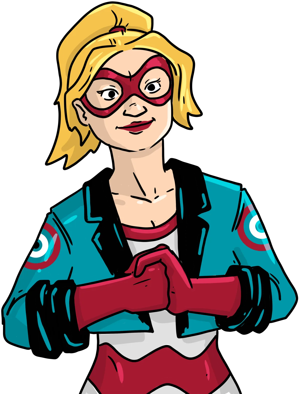 A comic-style illustration of a blonde superhero wearing a red mask, teal jacket with circular emblems on the shoulders, and red gloves, standing confidently with hands clasped. The strong, focused pose represents SCORR Marketing helping life science marketing brands rise above the sea of sameness and avoid looking generic.
