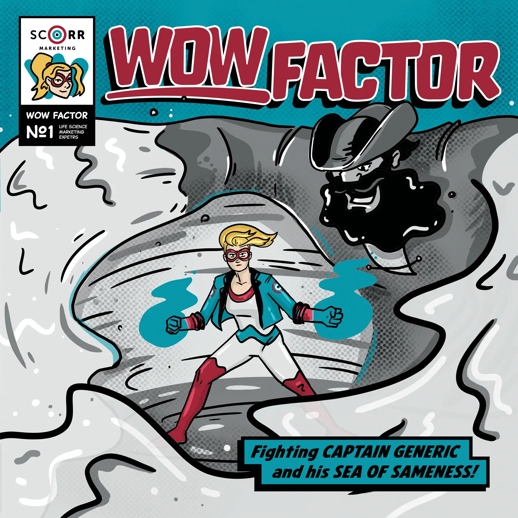 The cover of a WOW Factor comic book with the WOW Factor hero bursting through a grey Sea of Sameness. Text: "Fighting CAPTAIN GENERIC and his SEA OF SAMENESS!"