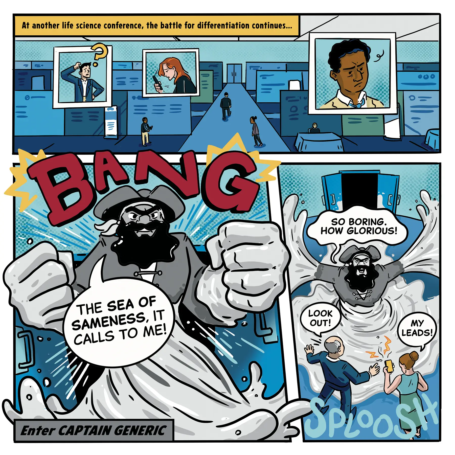 A grey Captain Generic says “The Sea of Sameness, it calls to me!” as boring life science booths blur and attendees scream, “Look out! My leads!”