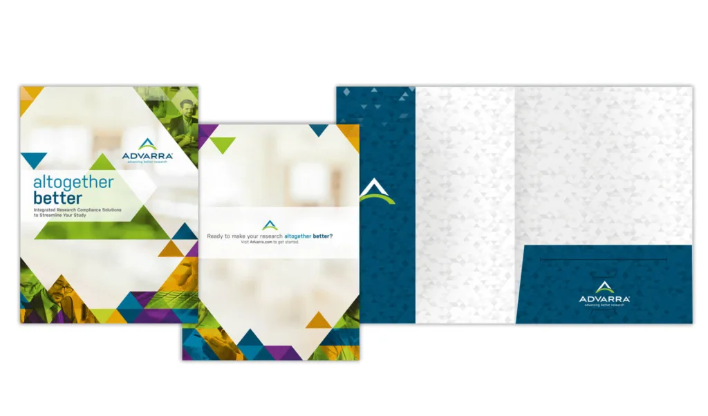 A branded folder set from Advarra featuring the “altogether better” campaign. The designs include colorful triangle graphics, the Advarra logo, and messaging like “Ready to make your research altogether better?” The layout shows both exterior and interior folder views.