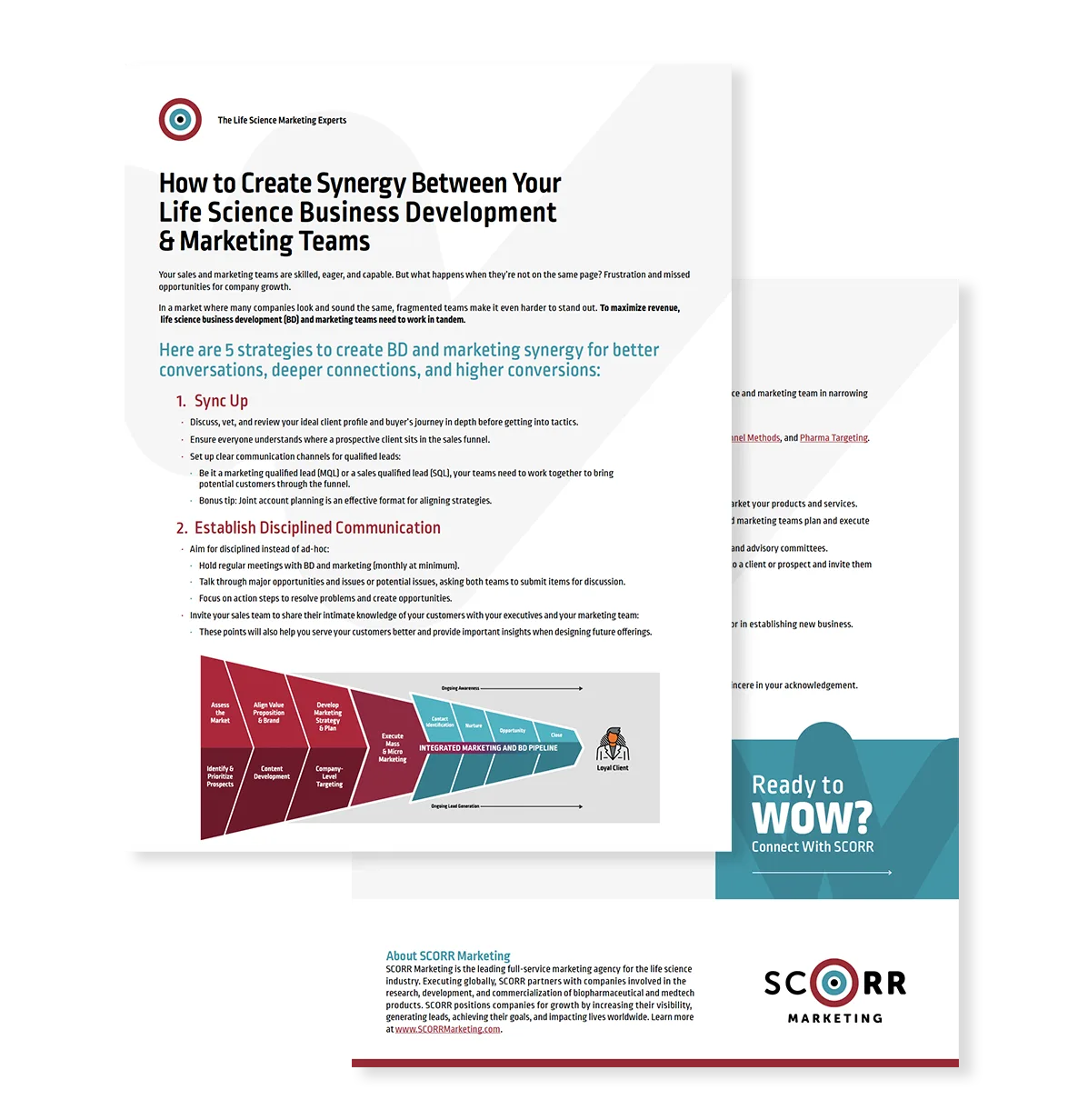 SCORR Marketing guide: How to Create Synergy Between Your Life Science Business Development & Marketing Teams, featuring an integrated BD-to-marketing pipeline funnel graphic.