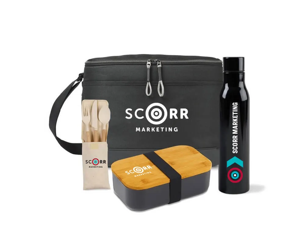 SCORR-branded eco-friendly lunch kit including a black insulated bag, a stainless steel water bottle, a bamboo bento box, and a set of wooden utensils in a canvas sleeve.