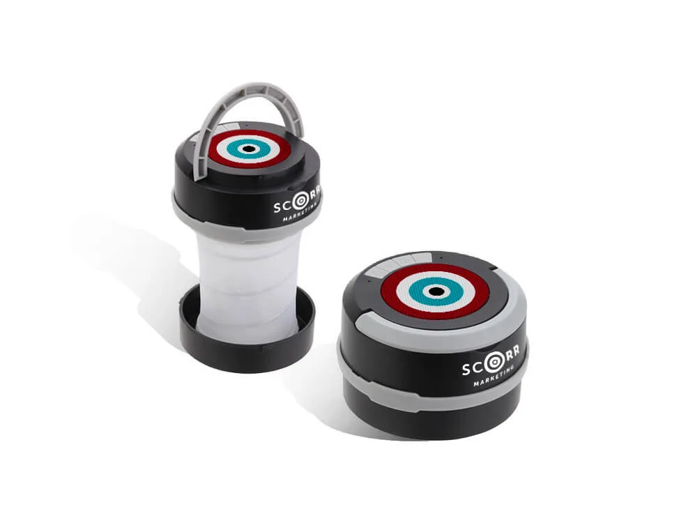 Collapsible SCORR-branded Bluetooth lantern speaker with a bullseye target design on the top. One unit is shown expanded and the other collapsed.