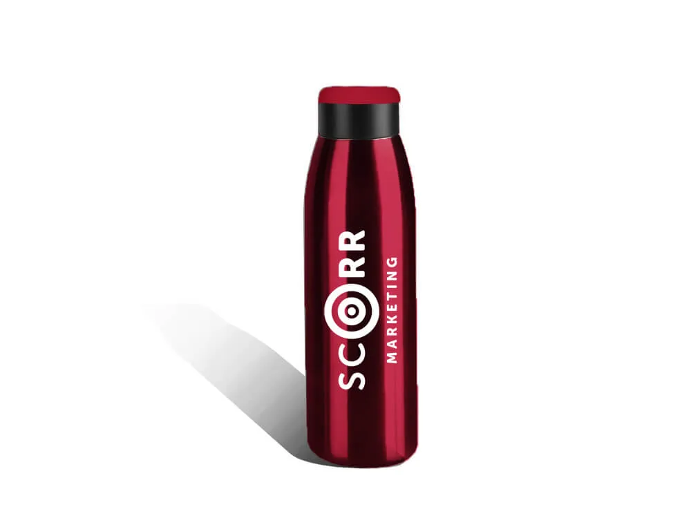Sleek red stainless steel water bottle with the SCORR Marketing logo printed vertically in white, featuring a black screw-on cap.