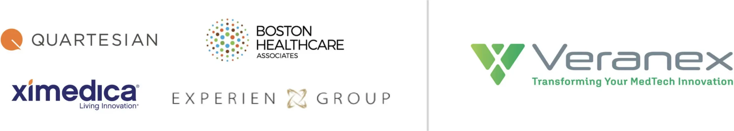 A compilation of logos from companies under the Veranex brand. The logos shown include Quartesian, Boston Healthcare Associates, Ximedica (with the tagline “Living Innovation”), Experien Group, and Veranex (with the tagline “Transforming Your MedTech Innovation”). Each logo has its own unique design and color scheme, laid out across a white background.

