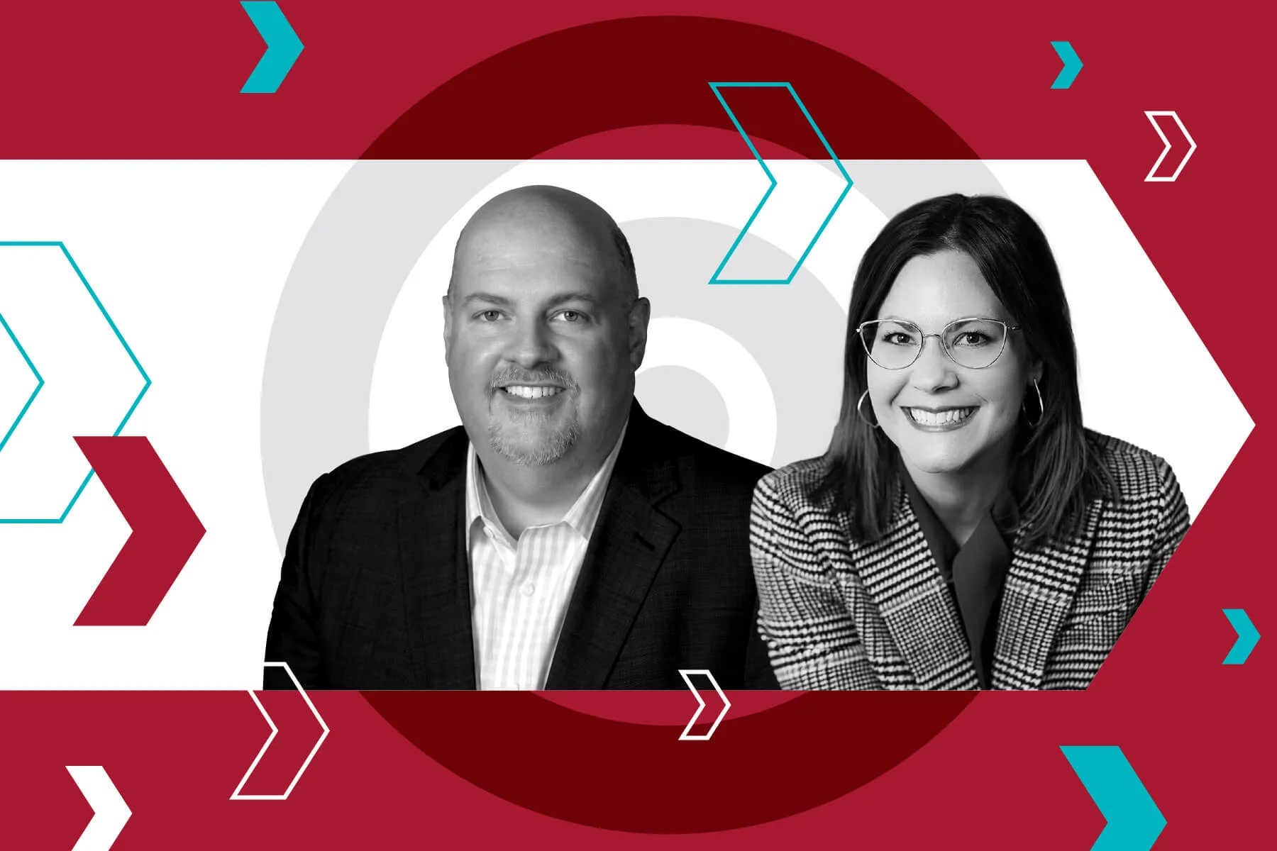 Black and white photo of a man in a suit and a woman in a checkered blazer, smiling, set against a red and white background with abstract arrows and geometric shapes.