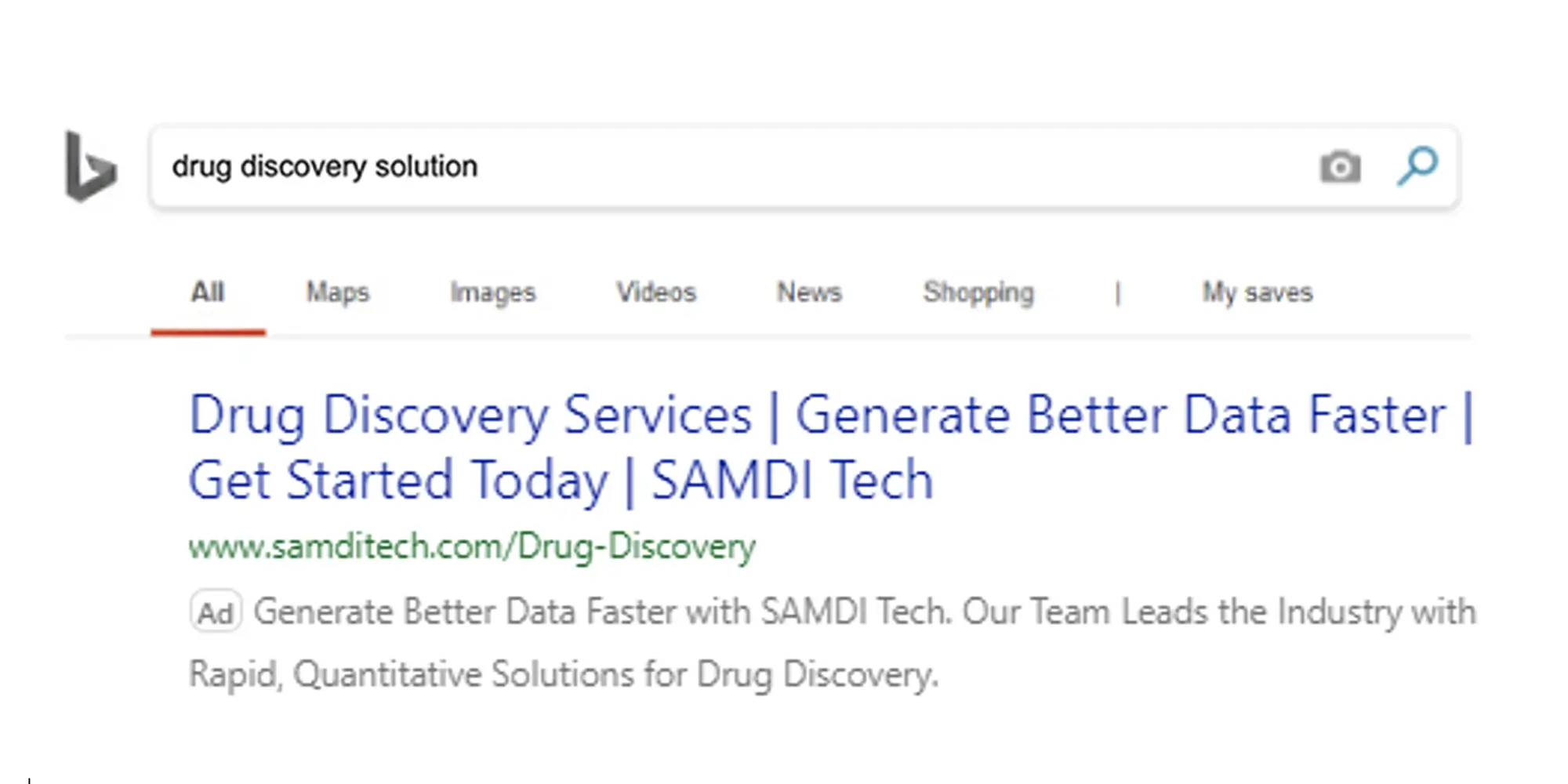 Screenshot of a Bing search results page for 'drug discovery solution.' The top result is an ad for SAMDI Tech with the headline: 'Drug Discovery Services | Generate Better Data Faster | Get Started Today | SAMDI Tech.' The URL shown is www.samditech.com/Drug-Discovery, and the description below reads: 'Generate Better Data Faster with SAMDI Tech. Our Team Leads the Industry with Rapid, Quantitative Solutions for Drug Discovery.