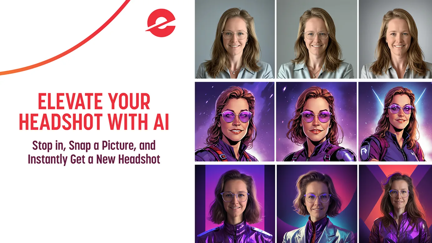 Promotional graphic titled 'Elevate Your Headshot with AI' featuring a woman’s original headshots in the top row and AI-generated futuristic versions in the rows below. The variations show her in stylized, colorful, space-themed outfits with different backgrounds and lighting effects. Text on the left reads, 'Stop in, Snap a Picture, and Instantly Get a New Headshot,' with the Elligo logo above.