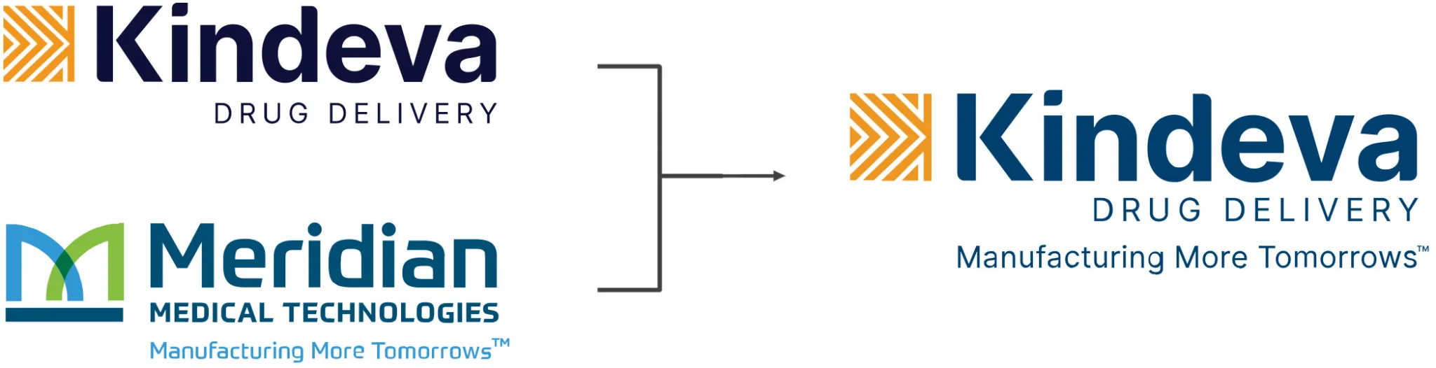 Visual showing the merger of Kindeva Drug Delivery and Meridian Medical Technologies into a unified brand. The original Kindeva and Meridian logos are on the left, merging into a new Kindeva logo on the right with the tagline "Manufacturing More Tomorrows™