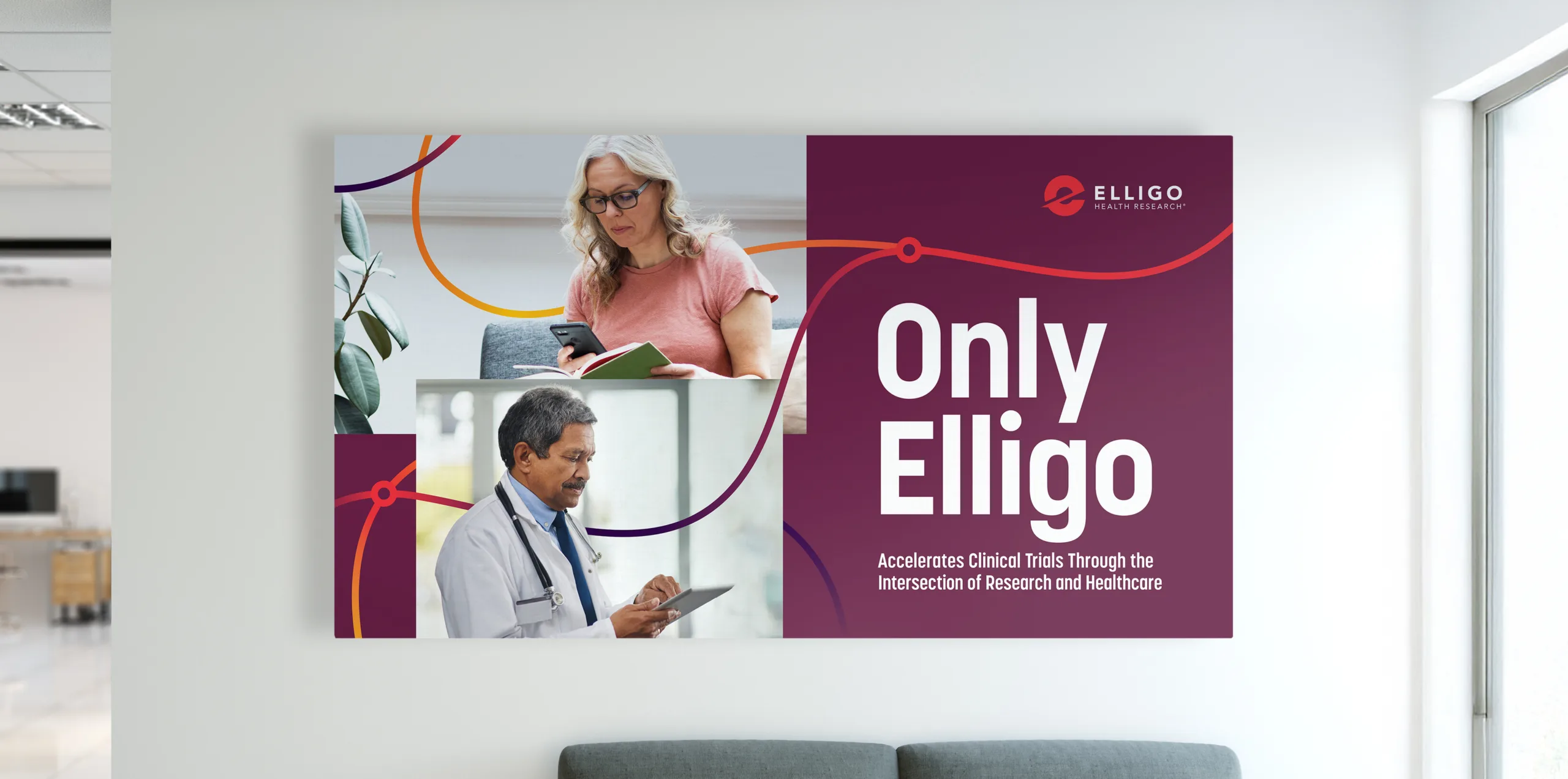 A printed brochure or poster featuring Elligo Health Research branding. The design includes the phrase 'Only Elligo' in bold white letters on a deep purple background, with the tagline 'Accelerates Clinical Trials Through the Intersection of Research and Healthcare.' The layout incorporates images of a woman reading and using her phone, as well as a doctor reviewing information on a tablet. The design is accented with curved orange and red lines connecting the elements.