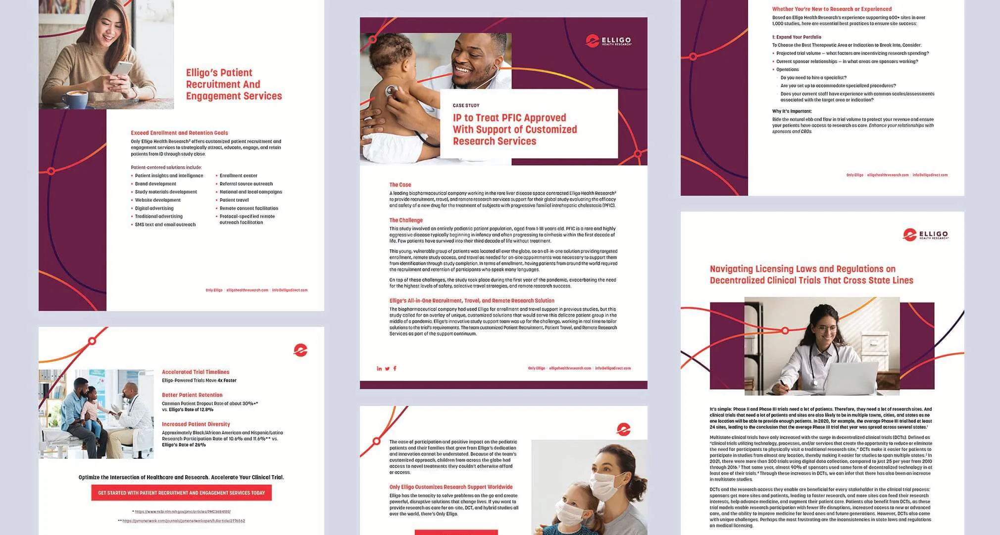 A collection of marketing and informational materials from Elligo Health Research, featuring various brochures, case studies, and articles. The designs include a mix of text, images of patients and healthcare professionals, and branding elements with red, purple, and white color themes. Topics covered include patient recruitment, engagement services, regulatory navigation for decentralized clinical trials, and case studies on clinical research solutions.