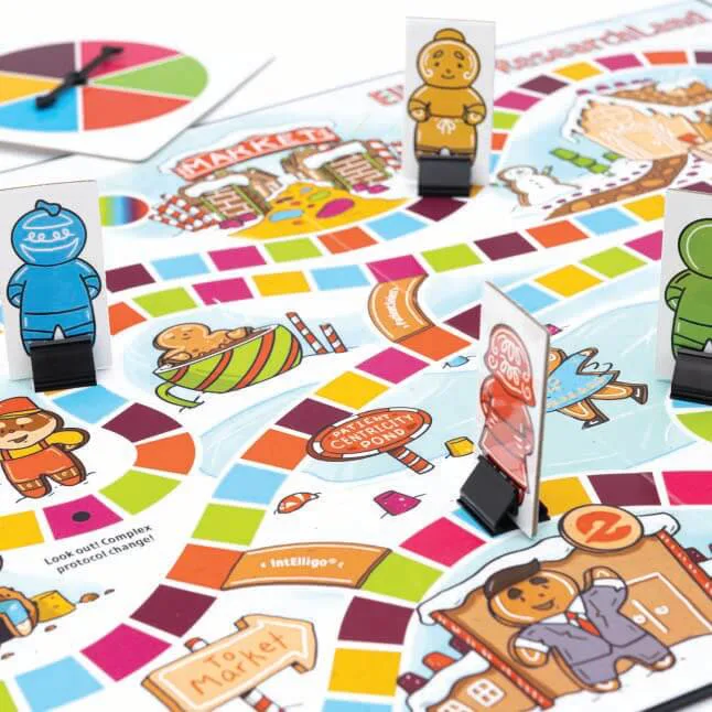 A colorful board game inspired by classic candy-themed games, featuring a winding path made of multicolored tiles. The game pieces are stand-up characters resembling gingerbread people dressed in different colors. The board includes illustrated locations such as a marketplace and a patient complexity pond, with playful elements and text related to clinical research. A spinner is visible in the background.