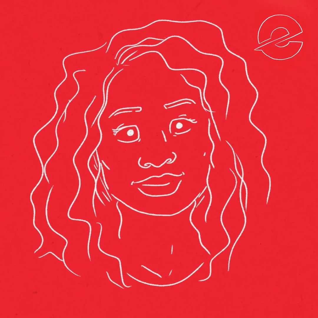 White line drawing of a woman with wavy hair on a red background, featuring a stylized 'e' logo in the top right corner.