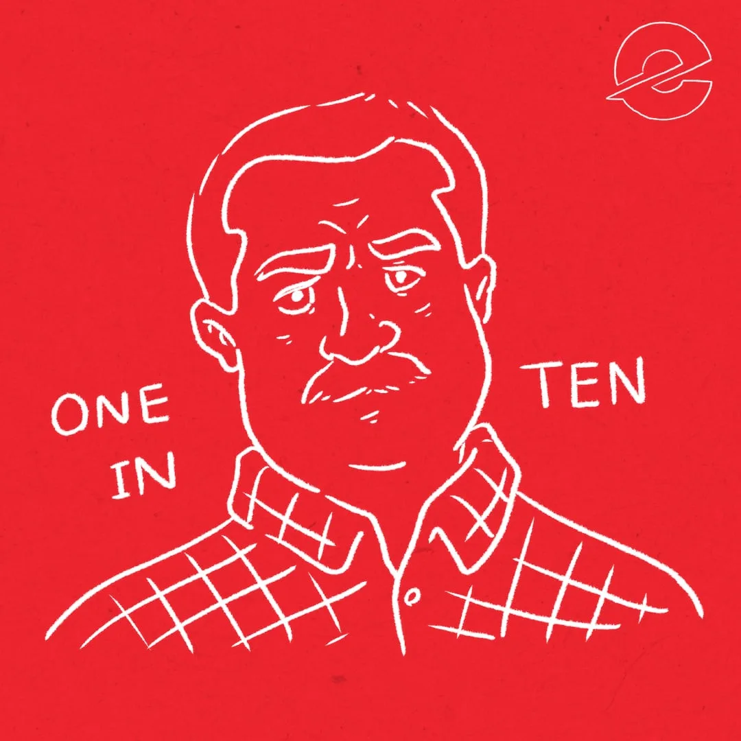 White line drawing of a serious-looking man in a checkered shirt, with the words “ONE IN TEN” written around him, on a red background featuring a stylized 'e' logo.