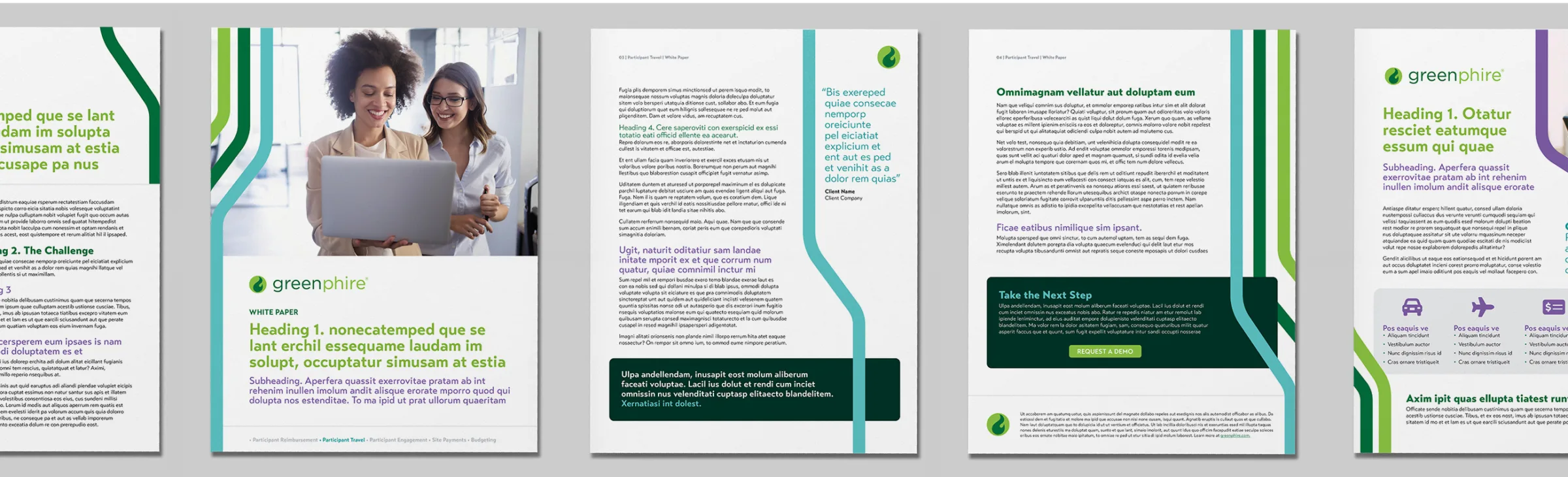 A multi-page white paper layout for a company called Greenphire. The design features a clean, modern aesthetic with curved lines in green, teal, and purple along the edges. The content uses placeholder Latin text and includes headings, subheadings, quotes, and icons. One page shows a photo of two diverse women smiling at a laptop. Another page includes a call-to-action button that says "Request a Demo." Icons for transportation, payment, and communication are included. The branding is consistent across all pages, featuring the Greenphire logo and color palette.