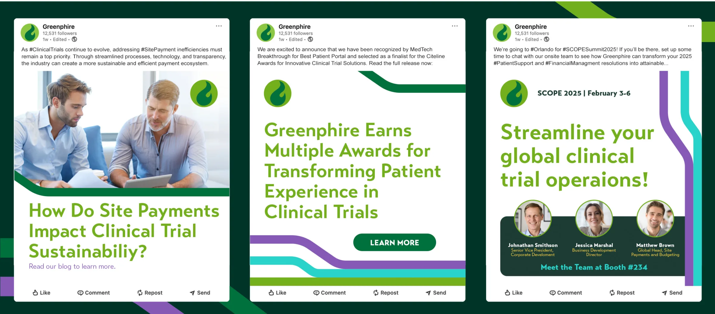 This image shows three Greenphire social media posts with a consistent design. Each features a header, business professionals in images, and branding colors. The third post includes a tradeshow invitation with team member headshots and booth details.