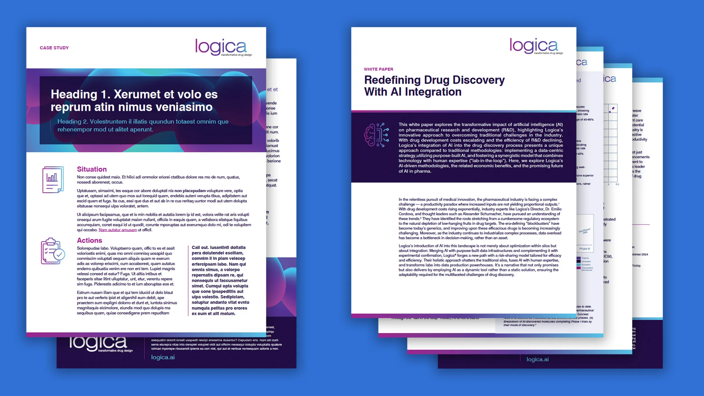 Side-by-side view of two sets of Logica marketing materials. The left set has two pages and is labeled "Case Study.” It features a bold, colorful header design with placeholder text and icon-labeled sections for "Situation" and "Actions." The right set is labeled "White Paper" and includes a clean, professional design with a prominent title "Redefining Drug Discovery With AI Integration" and multiple pages partially visible behind it. The documents are on top of a solid blue background.