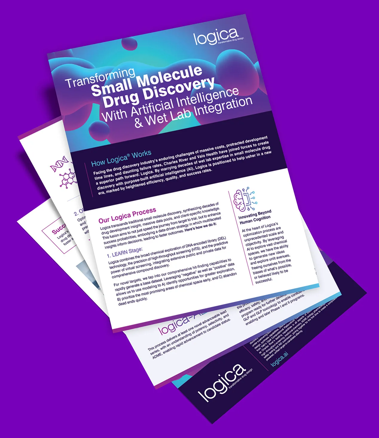 A Logica insert sheet titled "Transforming Small Molecule Drug Discovery With Artificial Intelligence & Wet Lab Integration." The top page prominently features a blue and purple gradient background with molecular graphics and large white text. Beneath it are additional pages, slightly fanned out, showing process explanations and branded visuals, all displayed against a bright purple background.