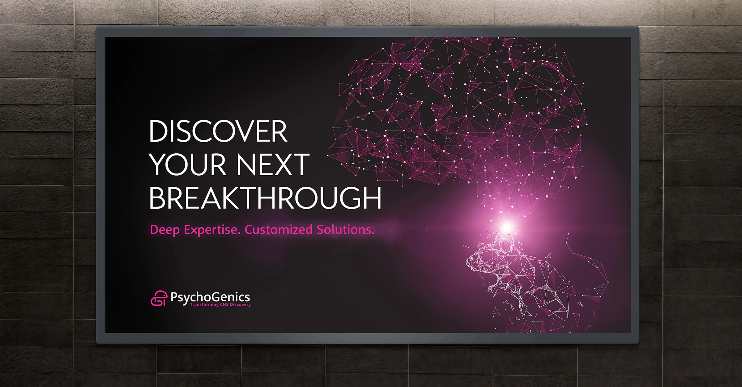 The PsychoGenics Big Idea image featuring a stylized digital illustration of a laboratory mouse formed from pink and white interconnected glowing lines and points, with a bright pink light emanating from its head. The light transitions into a network of glowing neural-like connections against a dark background. Large white text reads 'Discover Your Next Breakthrough,' followed by the subhead in pink: 'Deep Expertise. Customized Solutions.' The PsychoGenics logo and 'Transforming CNS Discovery' tagline appear at the bottom.