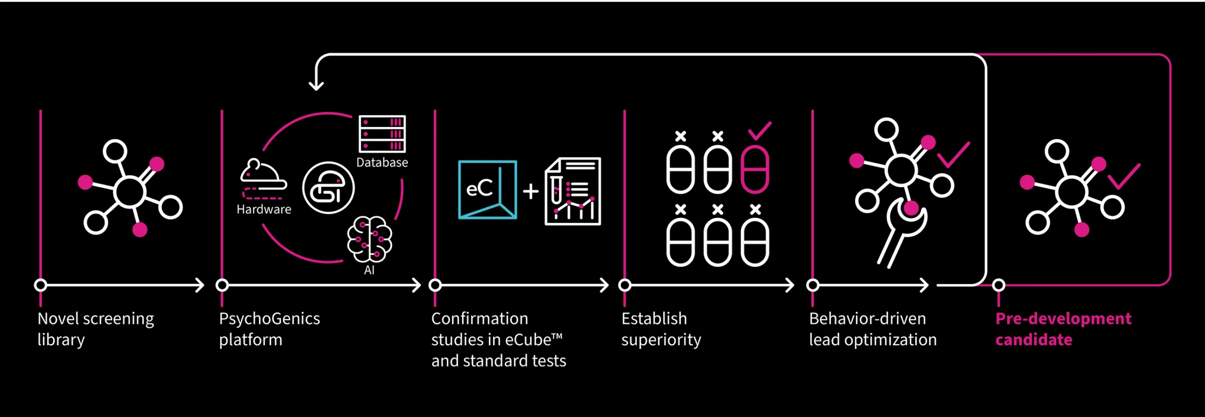 Infographic outlining PsychoGenics’ drug discovery workflow from novel screening to pre-development candidate. Steps include: 1) Novel screening library; 2) PsychoGenics platform, combining hardware, AI, and database tools; 3) Confirmation studies in eCube and standard tests; 4) Establishing compound superiority; 5) Behavior-driven lead optimization; and 6) Selection of a pre-development candidate. Visual icons illustrate each step, with arrows showing progression through the process.