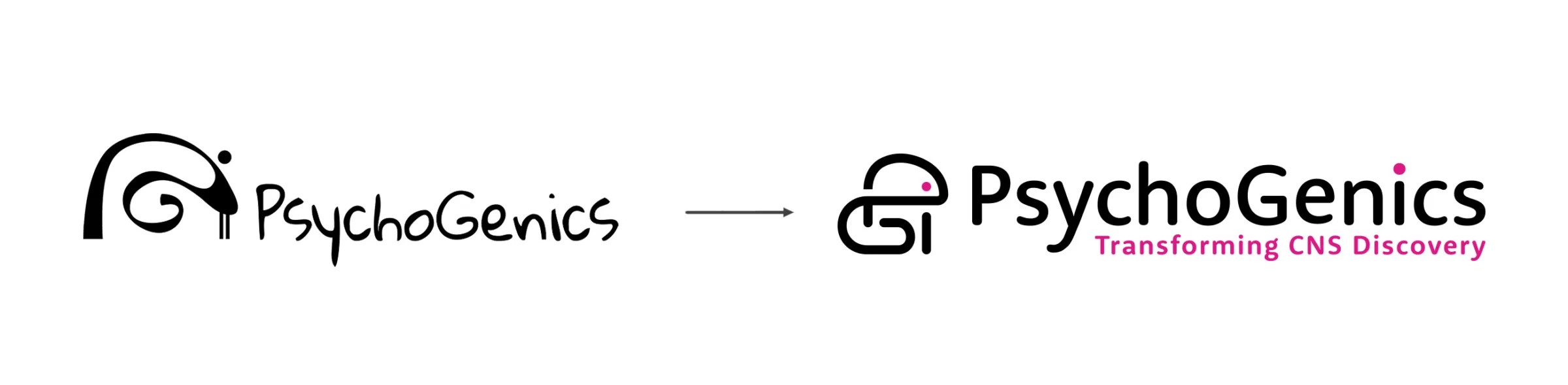 Side-by-side comparison of the old and new PsychoGenics logos. The old logo features a black stylized mouse graphic with black handwritten-style text. The new logo features a modern, streamlined mouse icon next to a clean sans-serif font with a pink dot above the 'i' in ‘PsychoGenics’. The tagline 'Transforming CNS Discovery' is below in pink.
