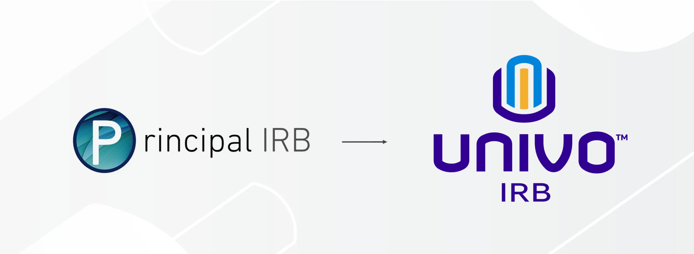 Graphic showing a brand transition from Principal IRB to Univo IRB. On the left is the Principal IRB logo with a stylized 'P' in a circular teal design. An arrow points to the right, where the new Univo IRB logo is displayed, featuring a modern, multicolored icon above bold purple text reading 'univo IRB' with a trademark symbol.