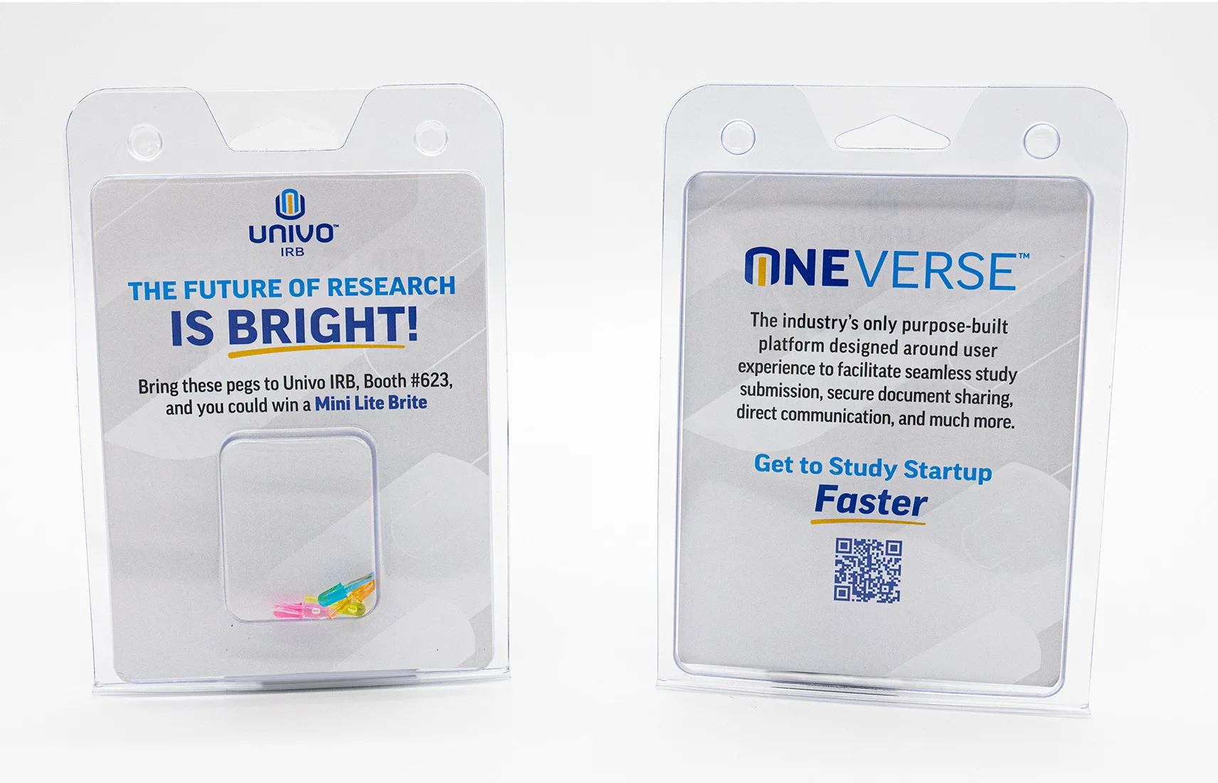 Two-sided promotional blister pack from Univo IRB encased in clear plastic. The front side reads 'The Future of Research is Bright!' and invites attendees to bring included colorful Lite Brite pegs to Booth #623 for a chance to win a Mini Lite Brite. The reverse side promotes OneVerse, Univo’s IRB submission platform, highlighting features like secure document sharing and fast study startup. It includes a QR code and the phrase 'Get to Study Startup Faster.'