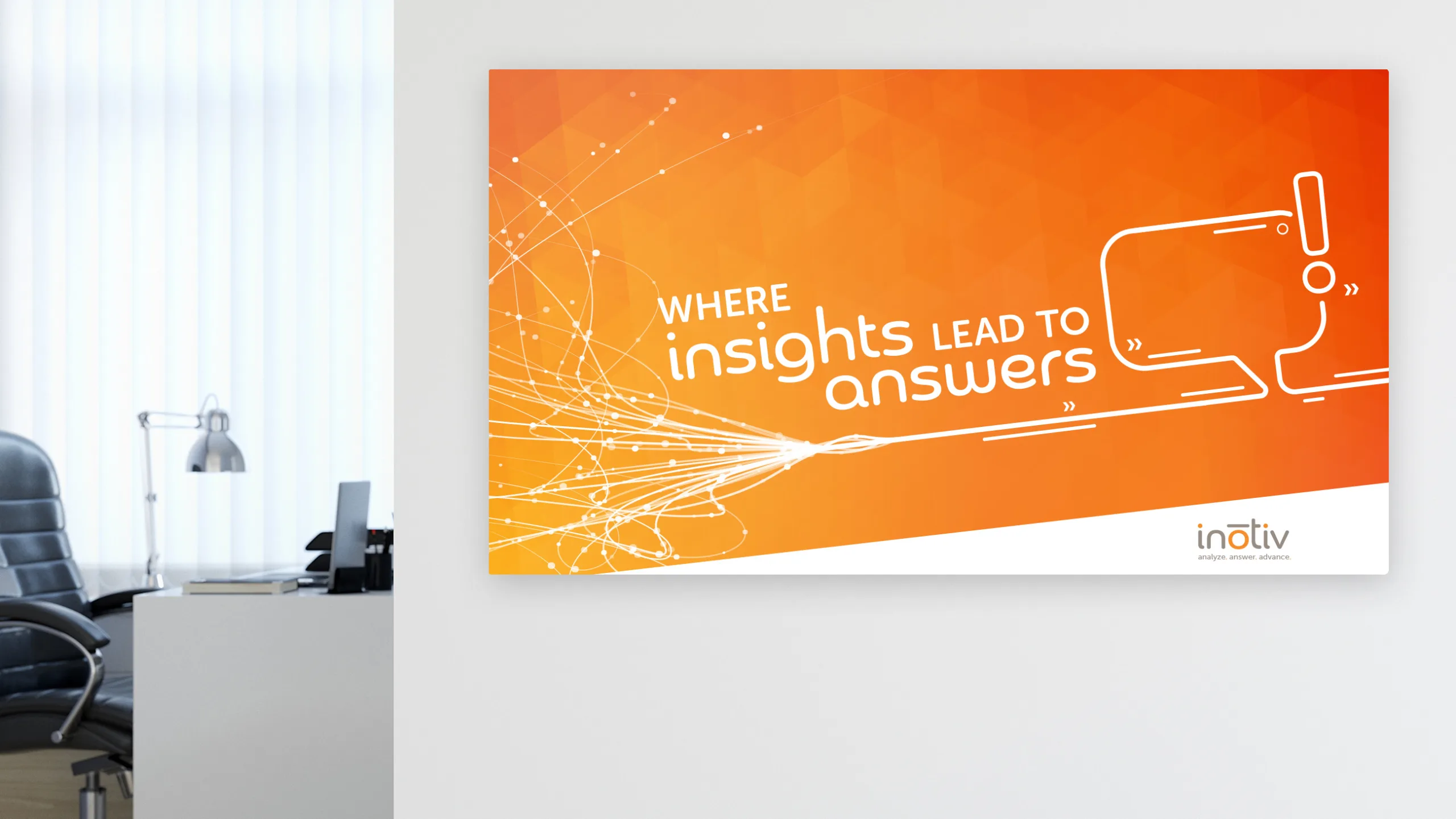A wall graphic displaying the phrase 'Where insights lead to answers' in bold white text over an orange background with a geometric design. The design also includes abstract lines and a speech bubble icon with an exclamation mark. The logo of Inotiv is visible at the bottom right corner, with the tagline 'analyze. answer. advance.' below it.