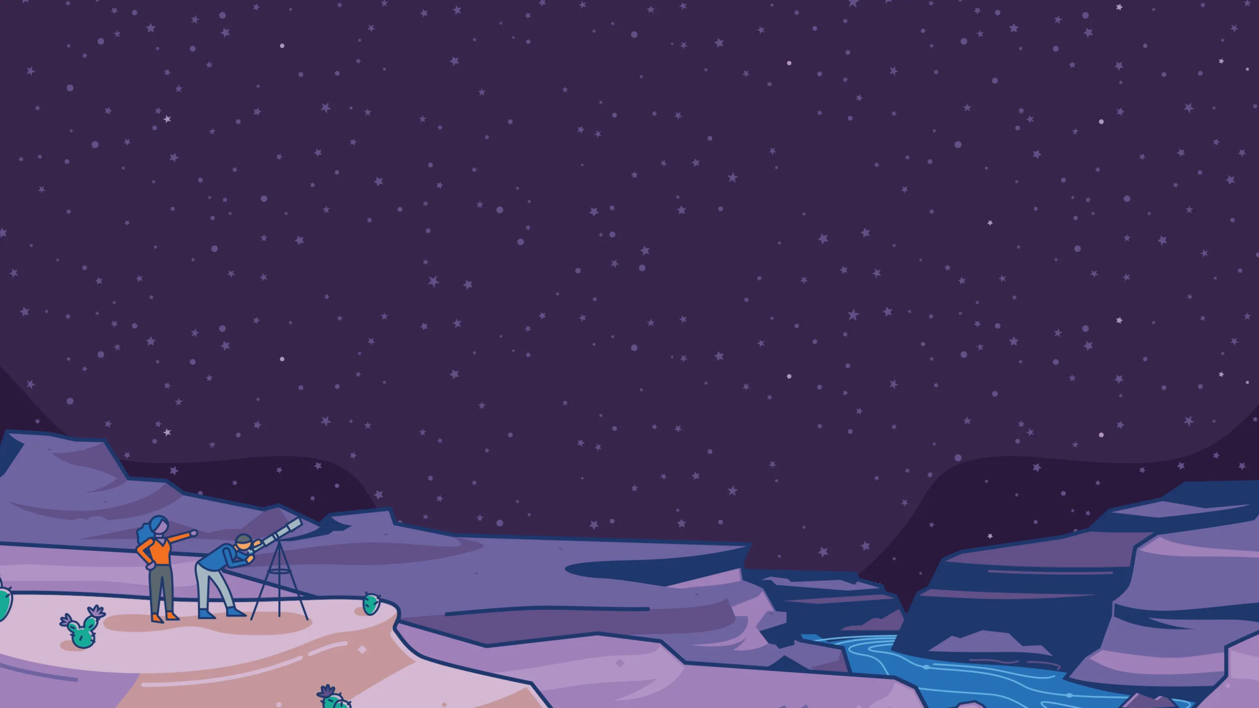 A flat-style nighttime landscape showing a wide, purple-tinted desert canyon under a sky filled with tiny stars. In the lower left corner, two simplified figures stand on a rocky outcrop dotted with small cacti—one looks through a tripod-mounted telescope while the other points toward the distant horizon across a winding river.