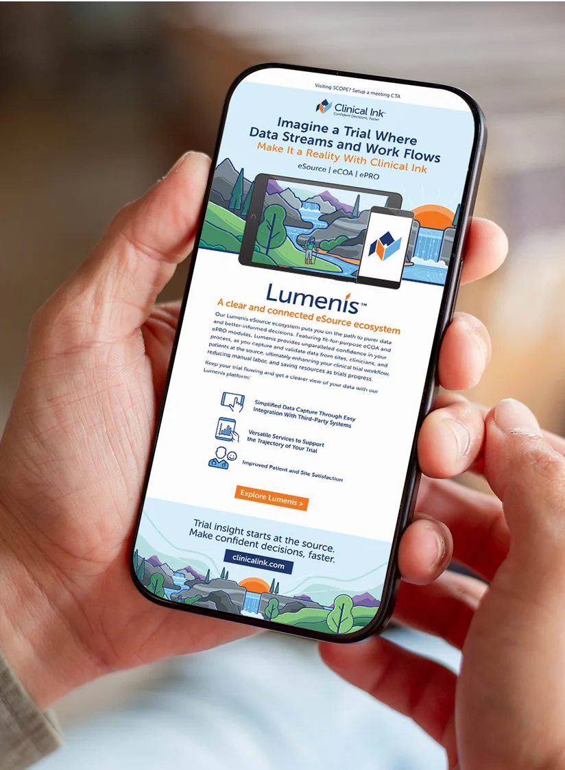 Man holding a phone looking at a landing page that features Clinical Ink's Lumenis platform.