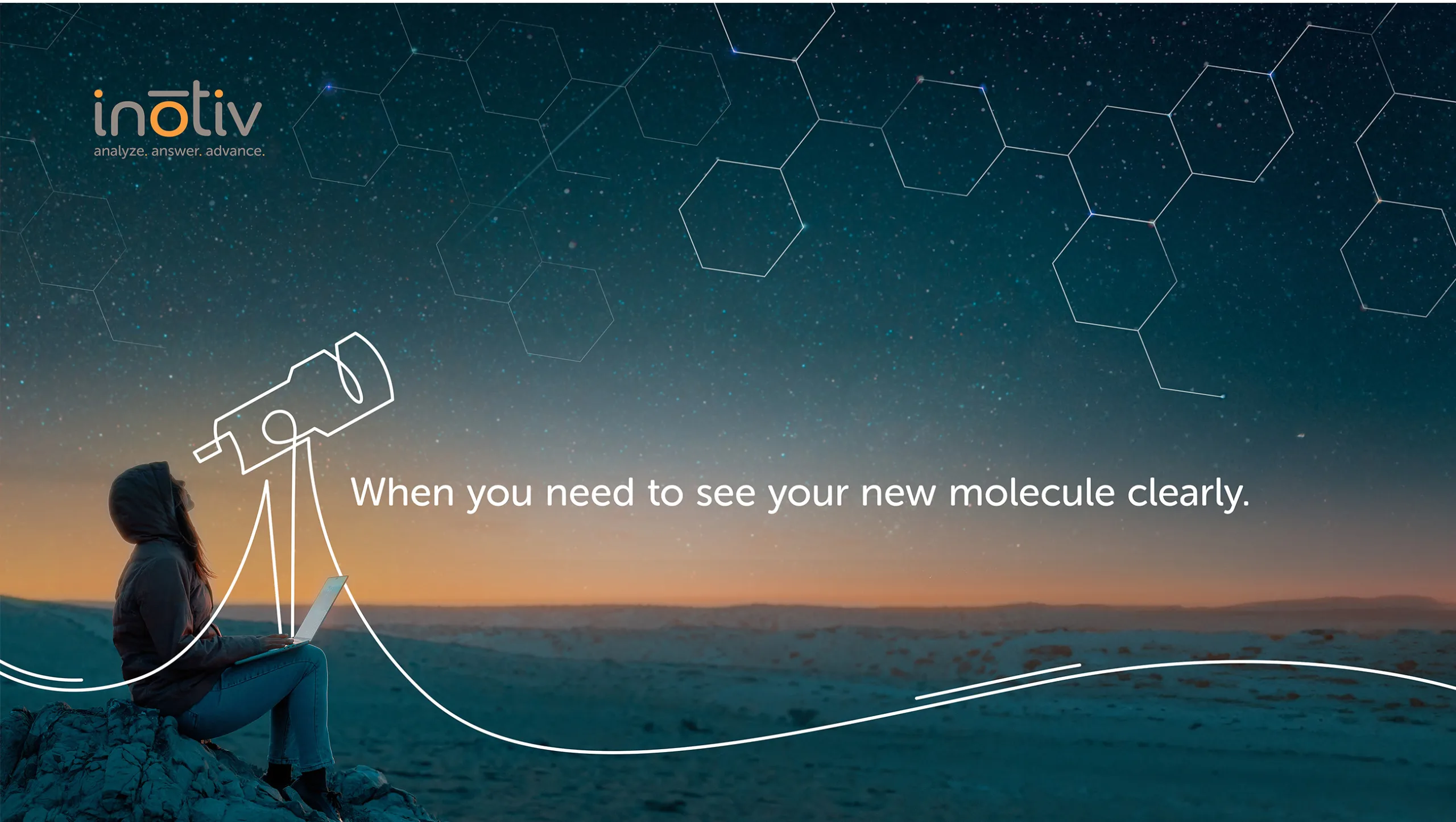 A person sitting on a rock under the night sky, gazing through a telescope while using a laptop. The sky is filled with stars, and hexagonal molecular structures are overlaid. The text 'When you need to see your new molecule clearly.' appears in white, with the Inotiv logo and tagline 'analyze. answer. advance.' at the top left.