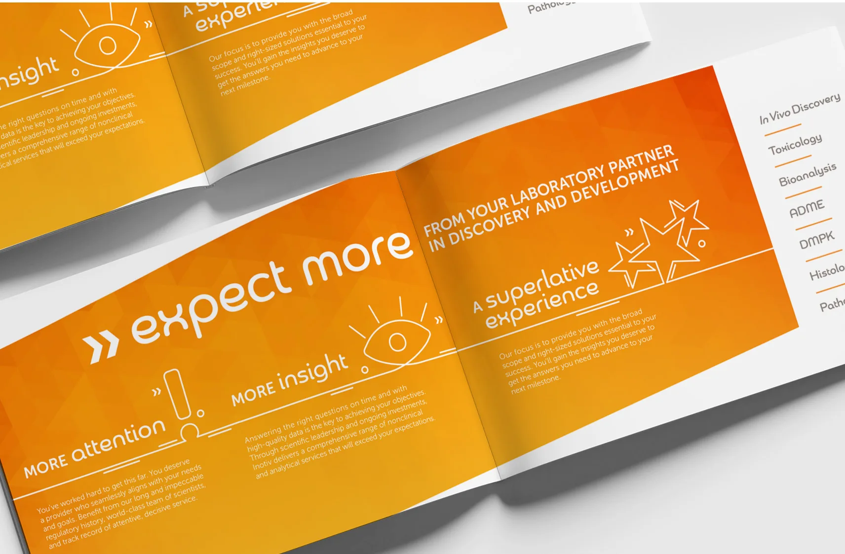 A printed brochure with the words 'Expect More' prominently featured on the left page, in white text on a vibrant orange background. The design includes graphical elements such as an eye and stars. The text emphasizes more attention, more insight, and a superlative experience. The brochure highlights Inotiv's laboratory services in discovery and development, emphasizing their focus on providing broad scope and right-sized solutions to achieve success and advance to the next milestone.