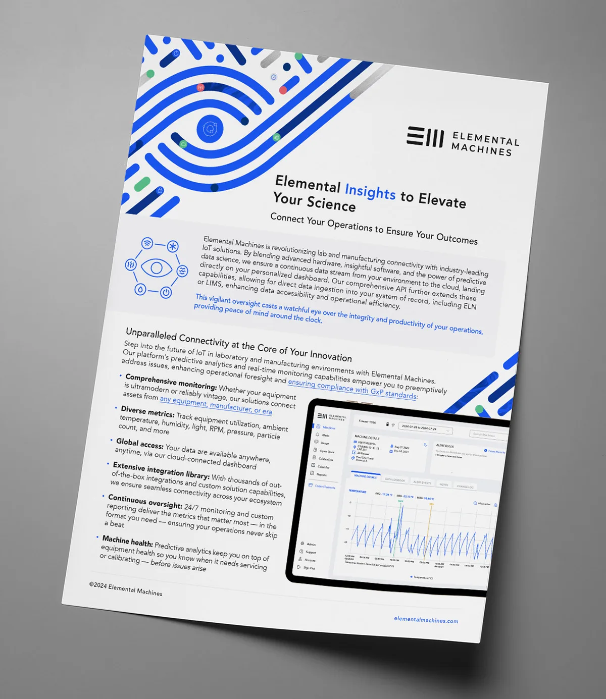 A printed sell sheet for Elemental Machines featuring their lab and manufacturing monitoring platform, with visual branding, a dashboard screenshot, and details on features like real-time analytics, compliance, and equipment health.