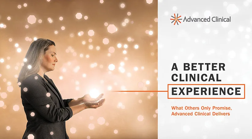 This image showcases an alternate "big idea" image for Advanced Clinical, featuring a woman with gray har wearing a blazer holding a glowing light in her hands. The background is filled with soft, blurred golden lights that create a warm, glowing atmosphere. The accompanying text emphasizes "A Better Clinical Experience," with the tagline "What Others Only Promise, Advanced Clinical Delivers."