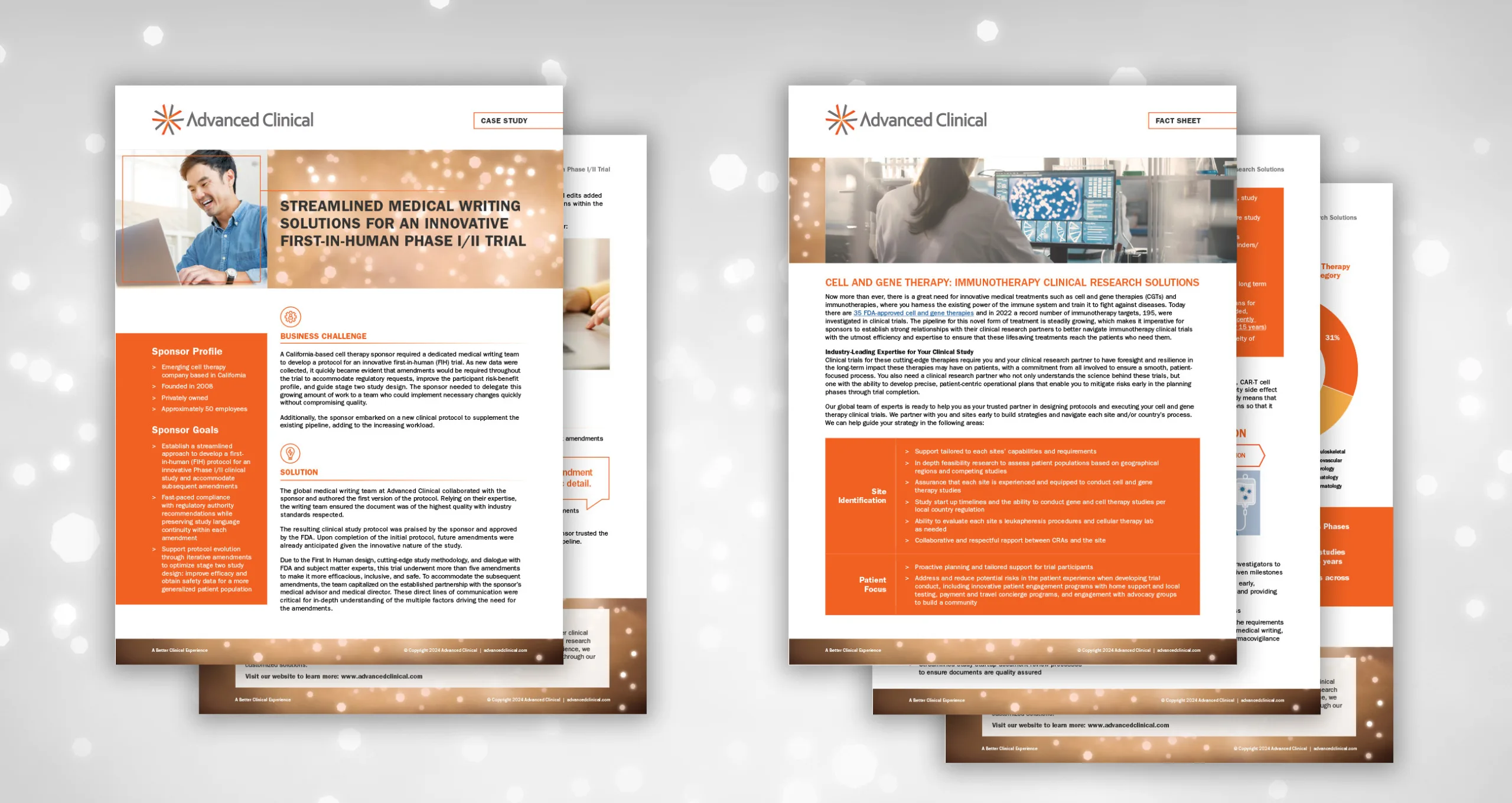 Advanced Clinical collateral featuring a case study and a fact sheet. The case study is titled “Streamlined Medical Writing Solutions for an Innovative First-In-Human Phase I/II Trial.” It includes sections on the sponsor profile, business challenge, and solution. The fact sheet is titled “Cell and Gene Therapy: Immunotherapy Clinical Research Solutions”, containing information on clinical research support, site identification, and patient focus, with graphical data and key points.