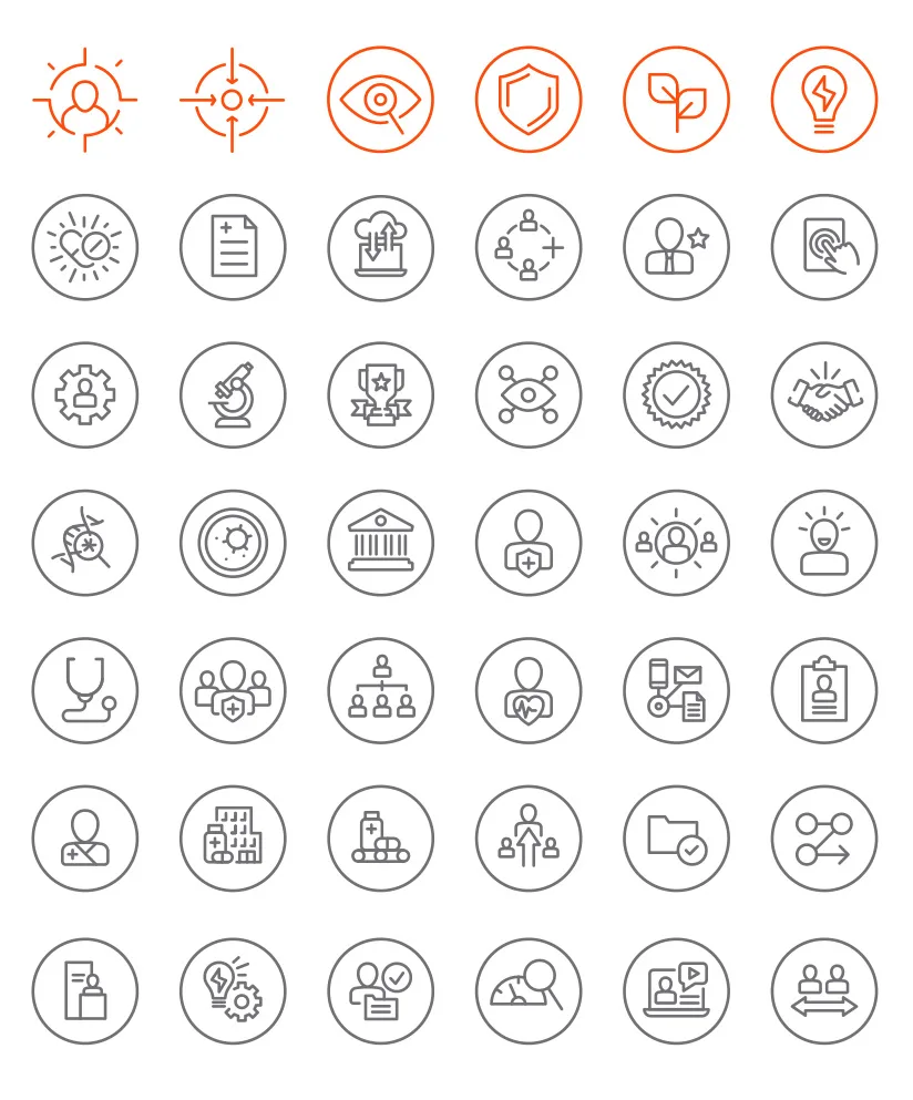 A grid of various icons representing different aspects of clinical research and operations. The icons are depicted in simple, circular line-art style.
