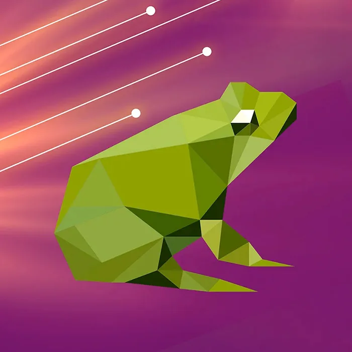 A stylized, geometric illustration of a green bullfrog on a purple and orange gradient background with diagonal white lines and dots suggesting motion or connectivity.