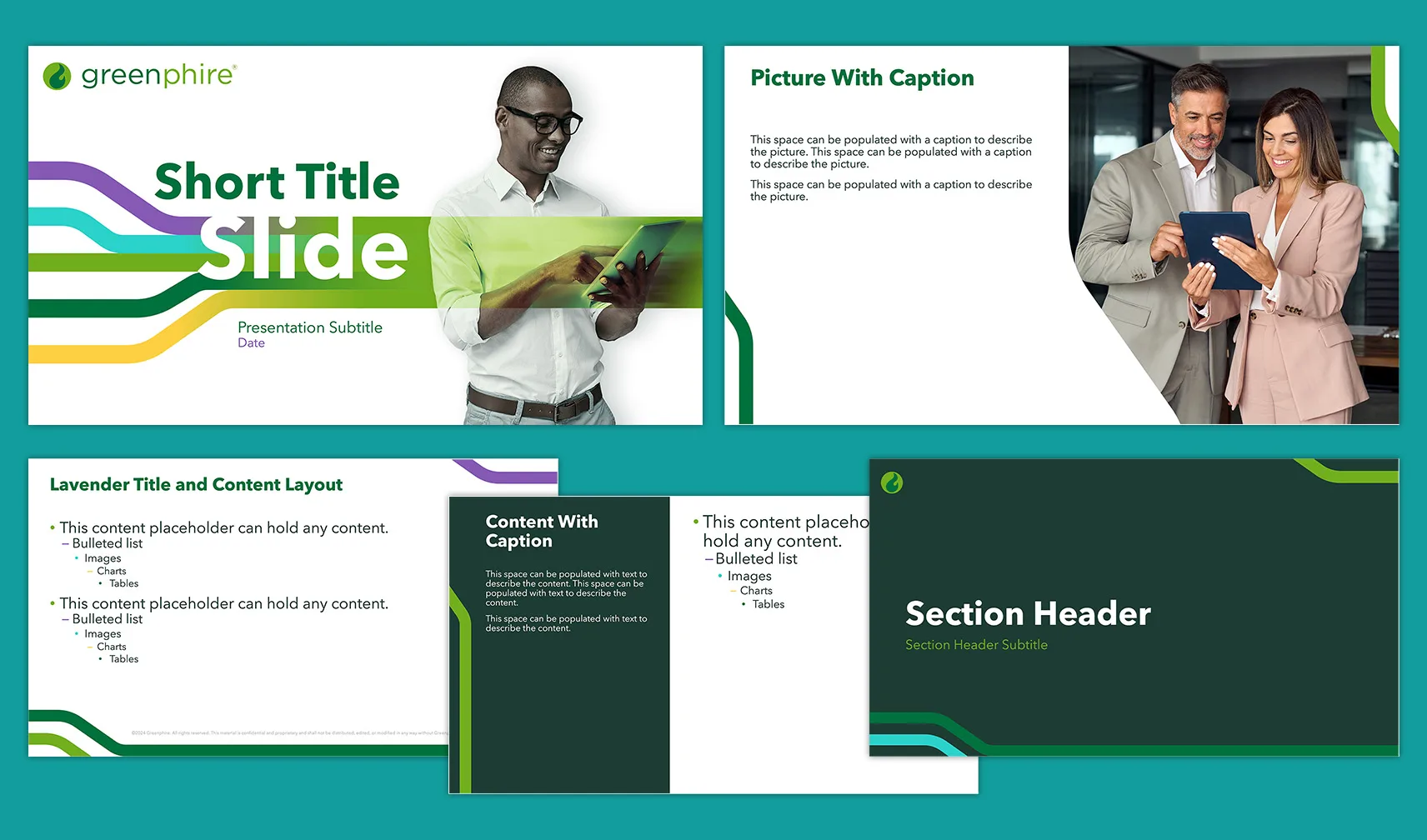 A set of Greenphire PowerPoint slide templates, featuring a variety of layouts for presentation slides. The templates include a title slide with a short title and a space for a presentation subtitle, as well as slides for content with captions, bulleted lists, and image placements. The slides also include a section header template and a layout for displaying content with text descriptions and various elements like charts, tables, and images. Greenphire's branding colors, including green, purple, and yellow, are used throughout the design.