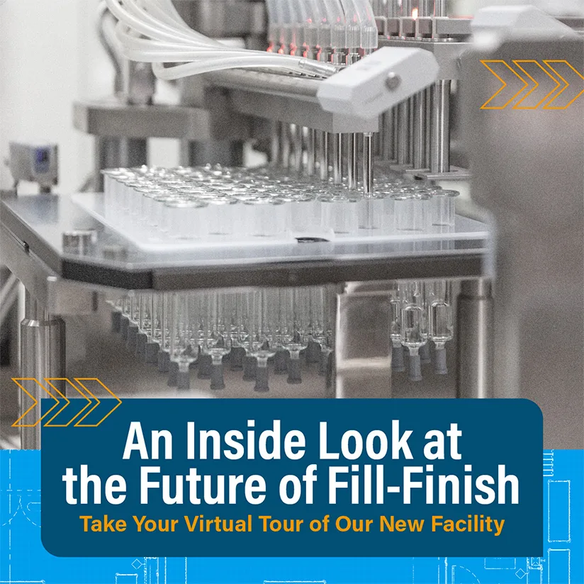 Close-up of a high-tech pharmaceutical fill-finish production line with automated machinery filling rows of clear glass vials. Overlaid text reads: “An Inside Look at the Future of Fill-Finish. Take Your Virtual Tour of Our New Facility.” The image promotes Kindeva Drug Delivery’s new manufacturing facility in Bridgeton, highlighting advanced automation and modern infrastructure.