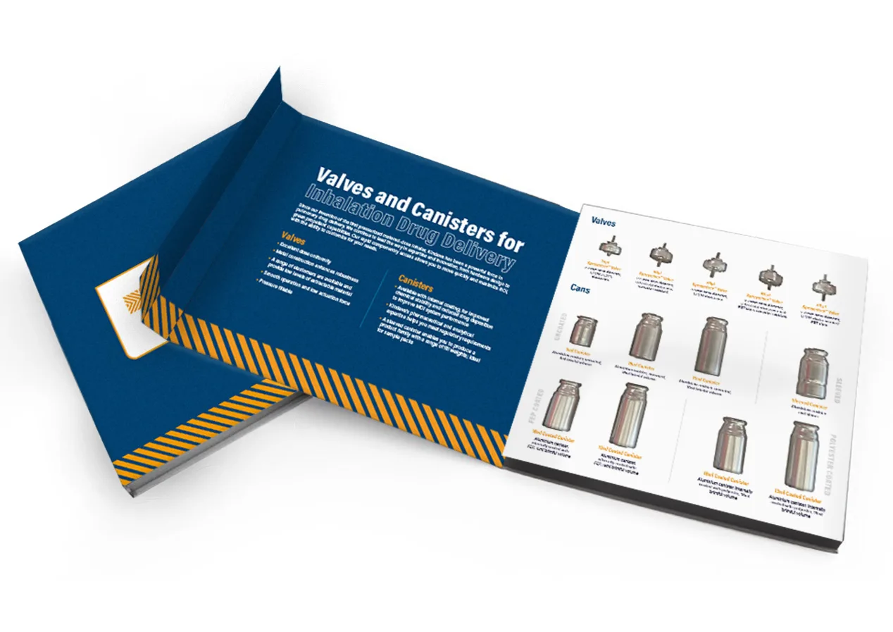 A sample kit booklet showing valves and canisters used in inhalation drug delivery, with labeled images and product descriptions for different valve and can types.