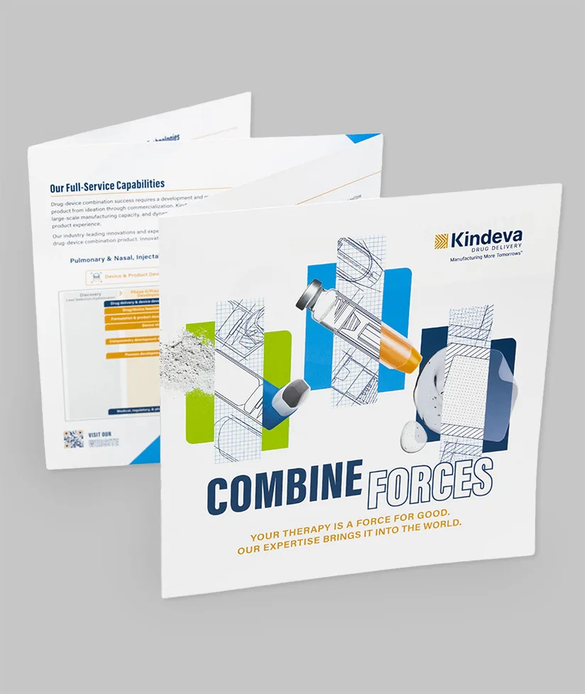 Kindeva’s “Foundation of the Brand” brochure, featuring the “Combine Forces” message on the cover with visuals of drug delivery devices and technical illustrations. The inside highlights full-service capabilities for combination products.