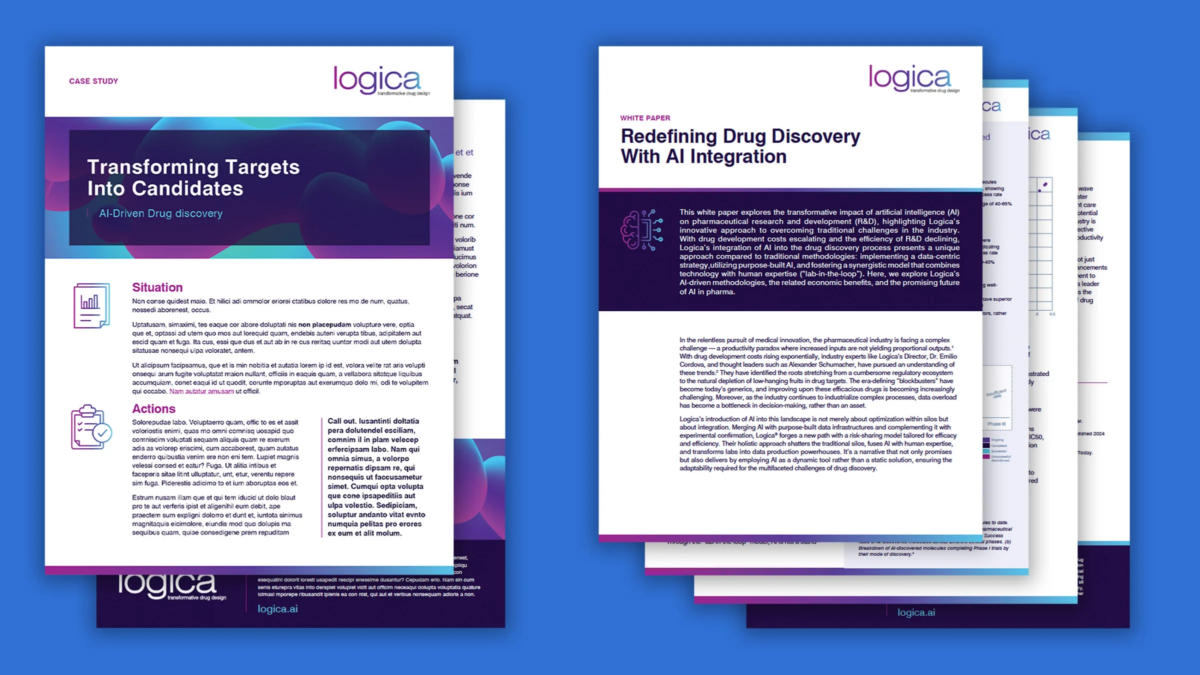 Logica case study and white paper on AI-driven drug discovery, displayed on a blue background
