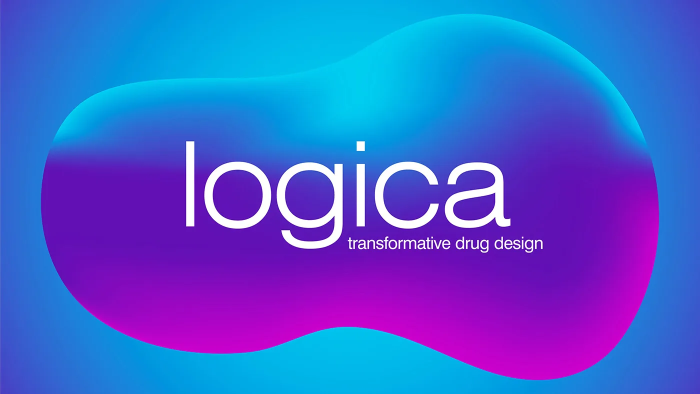 Logica logo with the tagline “transformative drug design” displayed in white text over a vibrant, organic-shaped gradient background in shades of blue, purple, and pink.