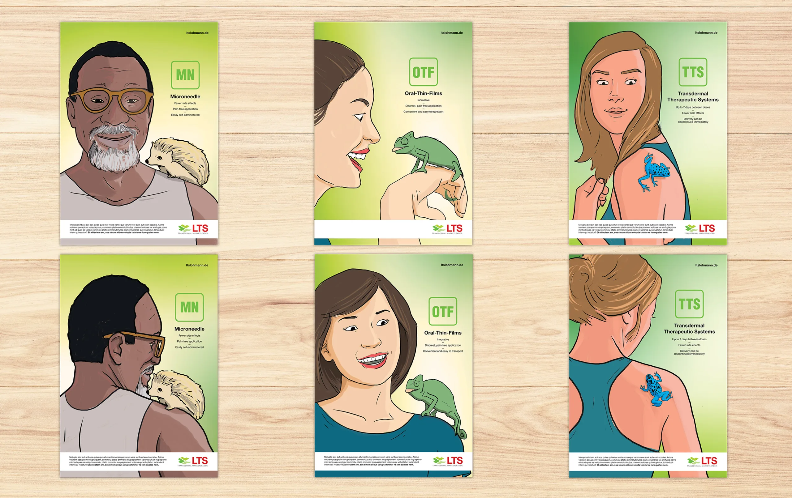 This image shows a set of six sketches representing three different products from LTS. The first sketch features a man with a hedgehog on his shoulder promoting "MN" (Microneedle) with a description of painless, fast, and easy-to-use features. The second shows the same man from behind. The third sketch shows a close-up of woman in profile holding a chameleon up to her face and promoting "OTF" (Oral Thin Films) with its benefits of being discreet, easy to apply, and transportable. The fourth sketch shows the same woman from the front, zoomed out. The fifth sketch shows a woman with a frog on her shoulder, highlighting "TTS" (Transdermal Therapeutic Systems) for its non-invasive, convenient, and effective drug delivery. The sixth sketch shows the same woman from behind.