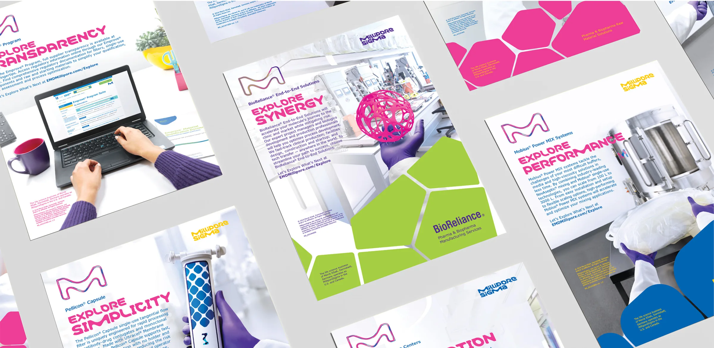 Collection of Millipore Sigma print advertisements featuring themes like 'Explore Transparency,' 'Explore Synergy,' 'Explore Performance,' and 'Explore Simplicity.' The ads showcase laboratory equipment, scientific imagery, and vibrant graphics in pink, purple, green, and blue, highlighting solutions such as the Pellicon® Capsule and Mobius® Power MIX Systems.