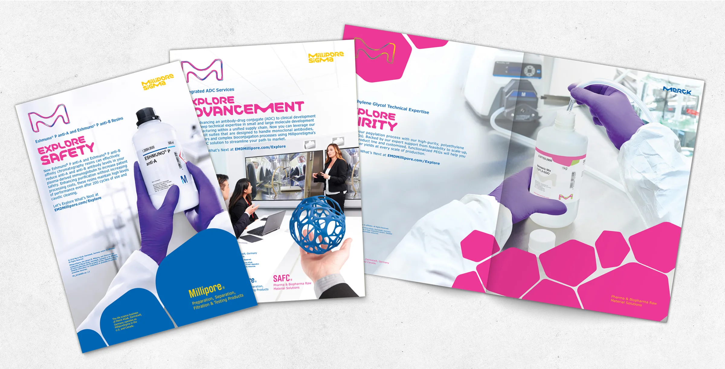 Three print ads for MilliporeSigma. The first highlights safety with hands wearing purple gloves holding a bottle, the second focuses on advancement with a hand holding a blue ball in a lab setting, and the third emphasizes purity with a technician handling a container in a cleanroom. All ads feature MilliporeSigma branding and vibrant pink and blue design elements.