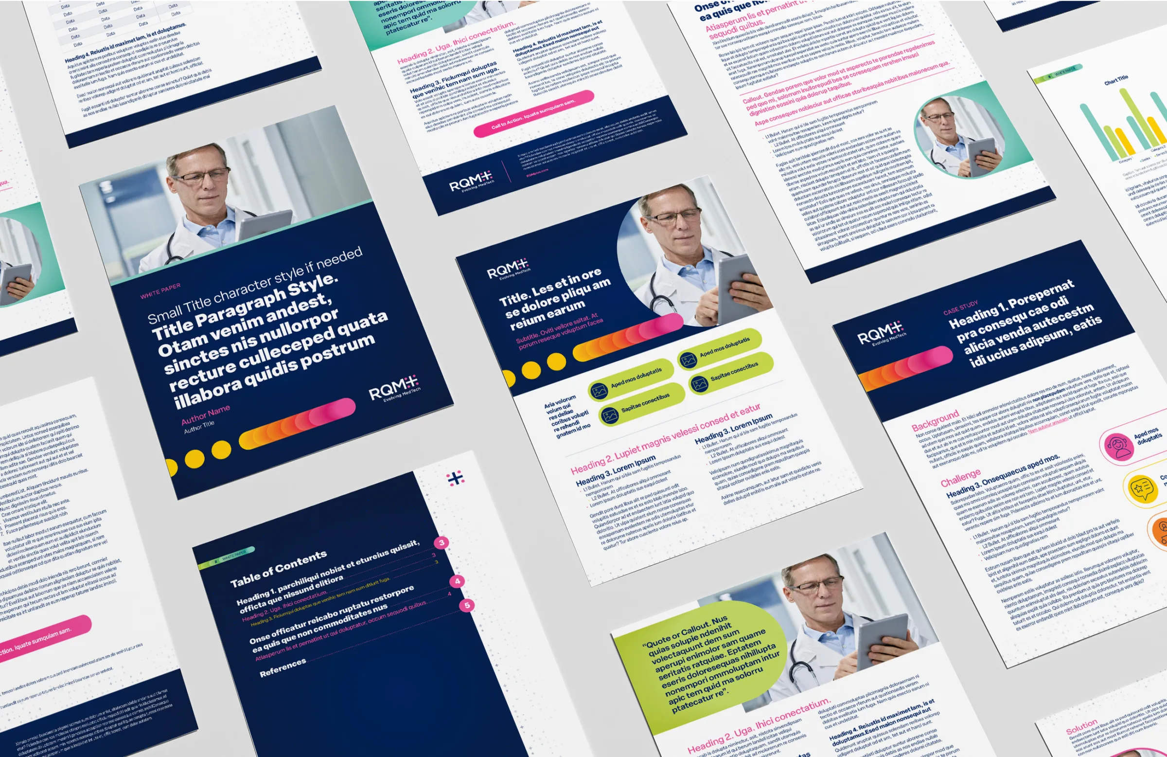 This image shows various printed materials that follow RQM+'s Big Idea concept. The documents feature a consistent design with colorful gradient accents, professional imagery, and structured content sections. The materials include white papers, case studies, and marketing collateral, all prominently displaying the "We Make MedTech Happen" messaging along with the RQM+ logo. The design emphasizes clarity, accessibility, and visual alignment with the brand's bold, modern approach.