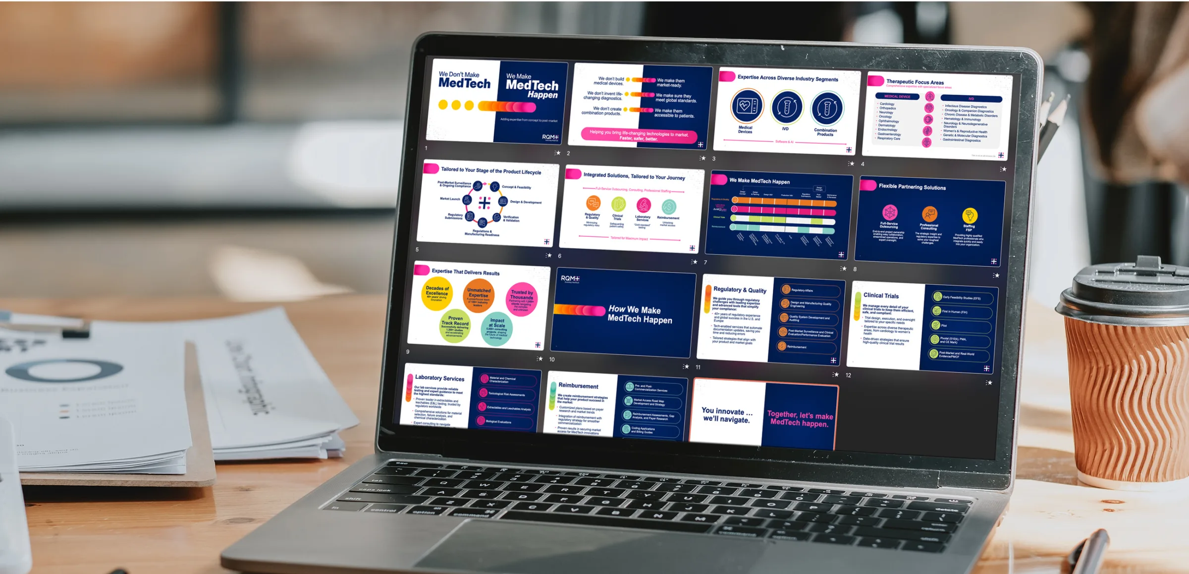 This image shows a laptop displaying slides from a PowerPoint deck with RQM+ branding and the "We Make MedTech Happen" concept. The deck includes various slides detailing RQM+'s services across industries, therapeutic focus areas, expertise, regulatory and clinical trial support, and solutions like flexible partnering and reimbursement. The slides feature vibrant gradients and designs consistent with the brand's visual identity, showcasing RQM+'s value proposition in the MedTech space.