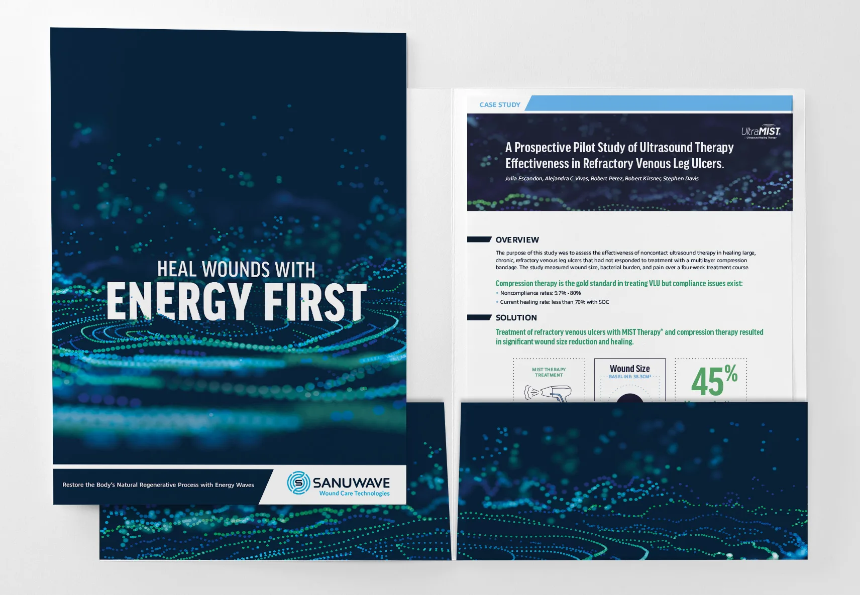The image shows a folder featuring a design promoting Sanuwave's 'Heal Wounds with Energy First' campaign, with a glowing, abstract, blue and green background representing energy waves. The folder holds a case study titled 'A Prospective Pilot Study of Ultrasound Therapy Effectiveness in Refractory Venous Leg Ulcers,' with details about the effectiveness of UltraMIST therapy in wound healing.